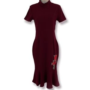 MIDI MERMAID DRESS - BURGUNDY - FLORAL EMBROIDERY DETAILING